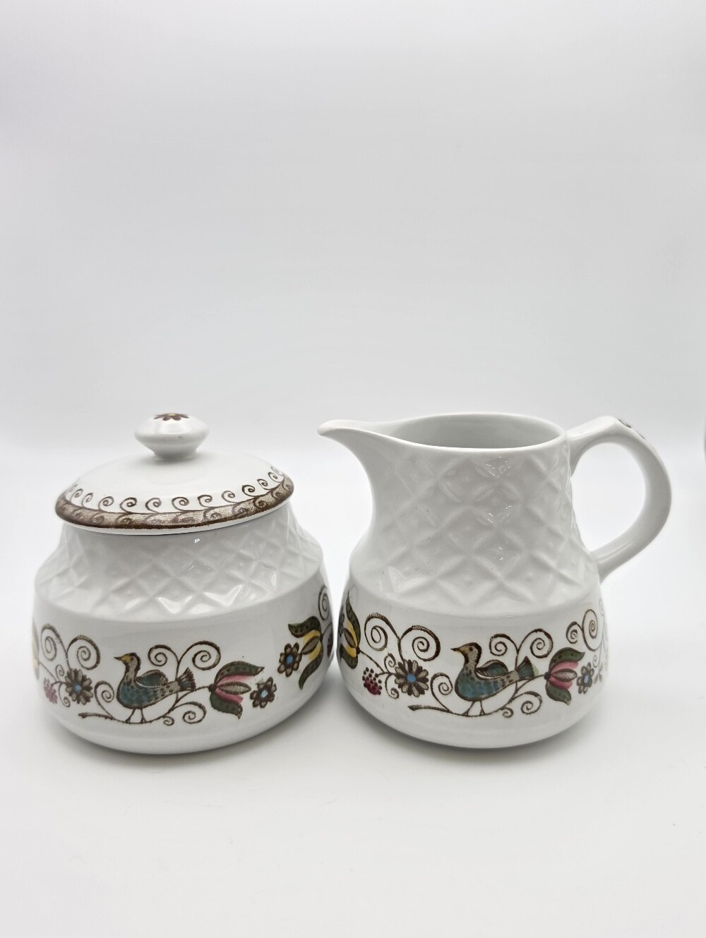 Vintage Staffordshire "English Partridge" Creamer & Lidded Sugar Bowl Set